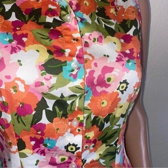Talbots Woman Dress Pink Floral Bright Sleeveless Cotton Collar Button Down SZ 8 - Picture 10 of 13